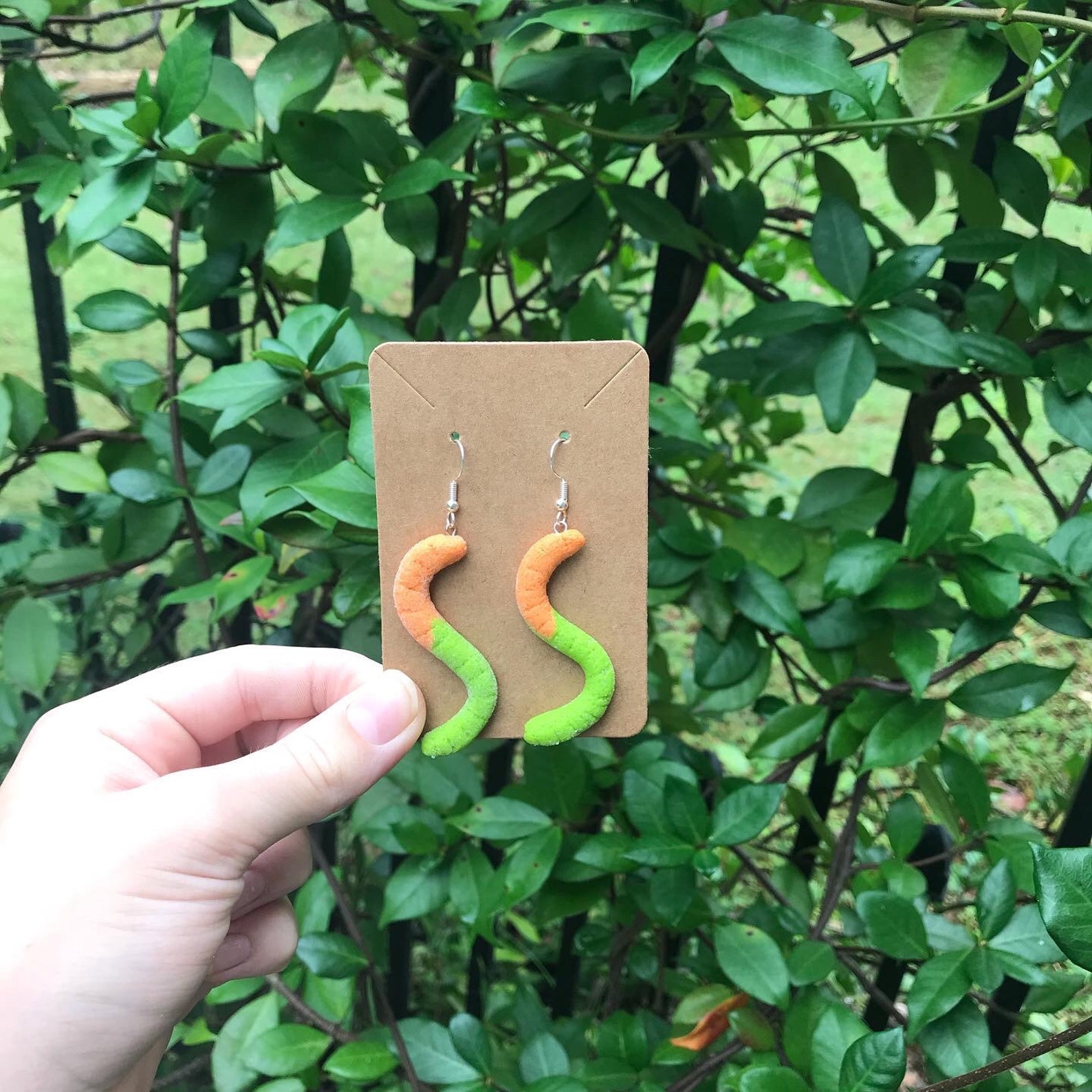 Green and orange gummy worm earrings Etsy