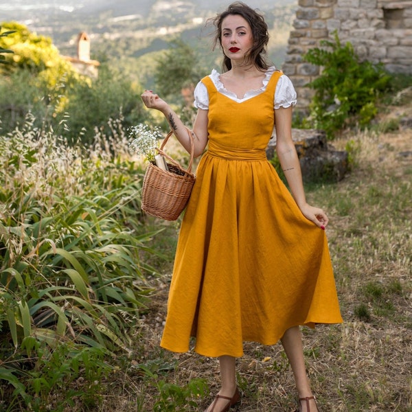 Andalusia, Marigold Yellow - cottagecore dress, vintage inspired, pinafore dress, linen, classic, elegant style dress, retro dress