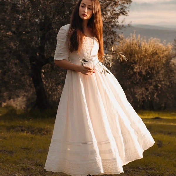 Cottagecore dress, Wedding dress, Vintage style, edwardian, bride, embroidery, edwardian dress, preraphaelite style
