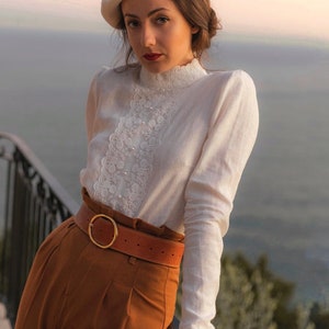 Victorian lace blouse, long sleeve linen blouse, romantic academia style, dark academia, elegant retro style, white lace blouse, cottagecore