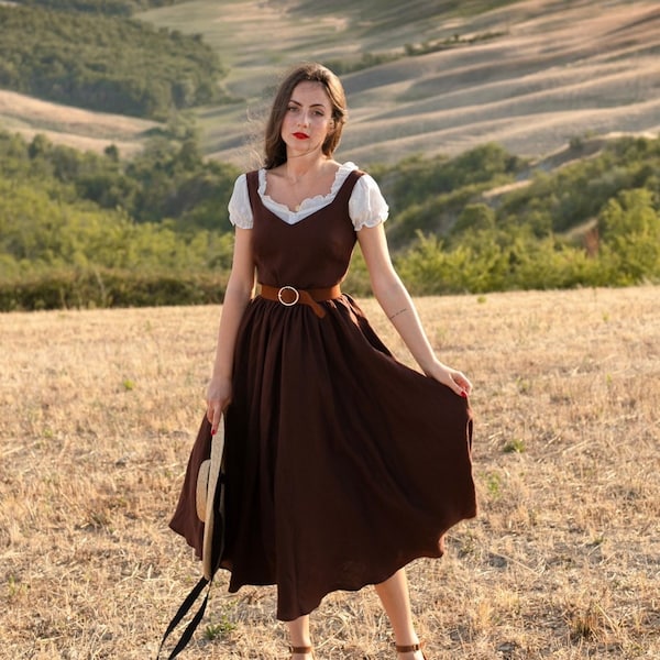 Andalusien, dunkle Schokolade - Cottagecore Kleid, Vintage inspiriert, Trägerkleid, Leinen, klassisch, eleganter Stil Kleid, Retro Kleid