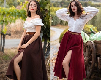 Flared linen skirt with pockets, folk style, romantic, classic academia, cottagecore style, high-waisted skater skirt, A-line midi skirt