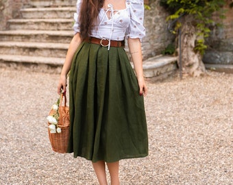 Linen pleated skirt with pockets, folk style, medieval, romantic style, classic academia, cottagecore style, moss green, midi length