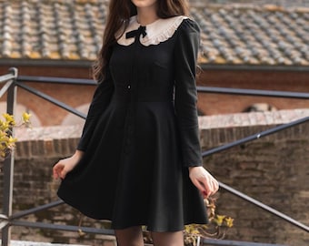 black wool mini dress Merino Dress: Detachable Collar, Fit & Flare Academia Goth Style Occasion:Going-out-dresses It’s sourced from certified White A-Line Wedding Dresses Size:Medium