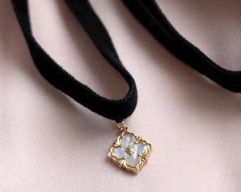 Black Velvet Choker, Sterling Silver, Dainty Pearl Zircon Pendant, Mother of pearl fantasy Choker, Anniversary Gift, Gift For Her