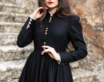 Royalcore, winter merino wool dress, dark-themed wedding, black vintage dress, victorian maxi dress, maximalist dress, elegant retro dress