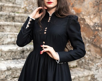 Merino Wool Maxi Dress: Elegant Royalcore Black Victorian Gown