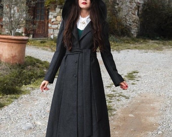 Hooded wool coat in grey, retro, long woman coat, classic elegant coat, vintage coat, winter coat, fit and flare coat/BEDRA VINTAGE