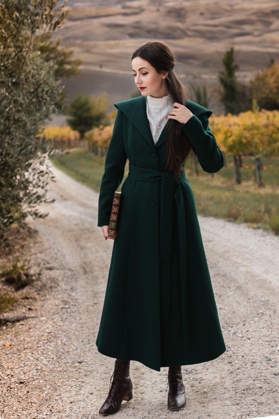 UNUSED × NIUKU WOOL GOWN COAT green Green Wool Coat, Long Wool