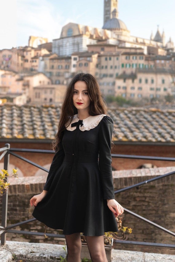 Merino Wool Mini Black Dress: Detachable Collar, Fit & Flare Academia Goth Style - Etsy Israel Merino Wool Mini Black Dress: Detachable Collar, Fit & Flare Academia Goth Style - Etsy Israel