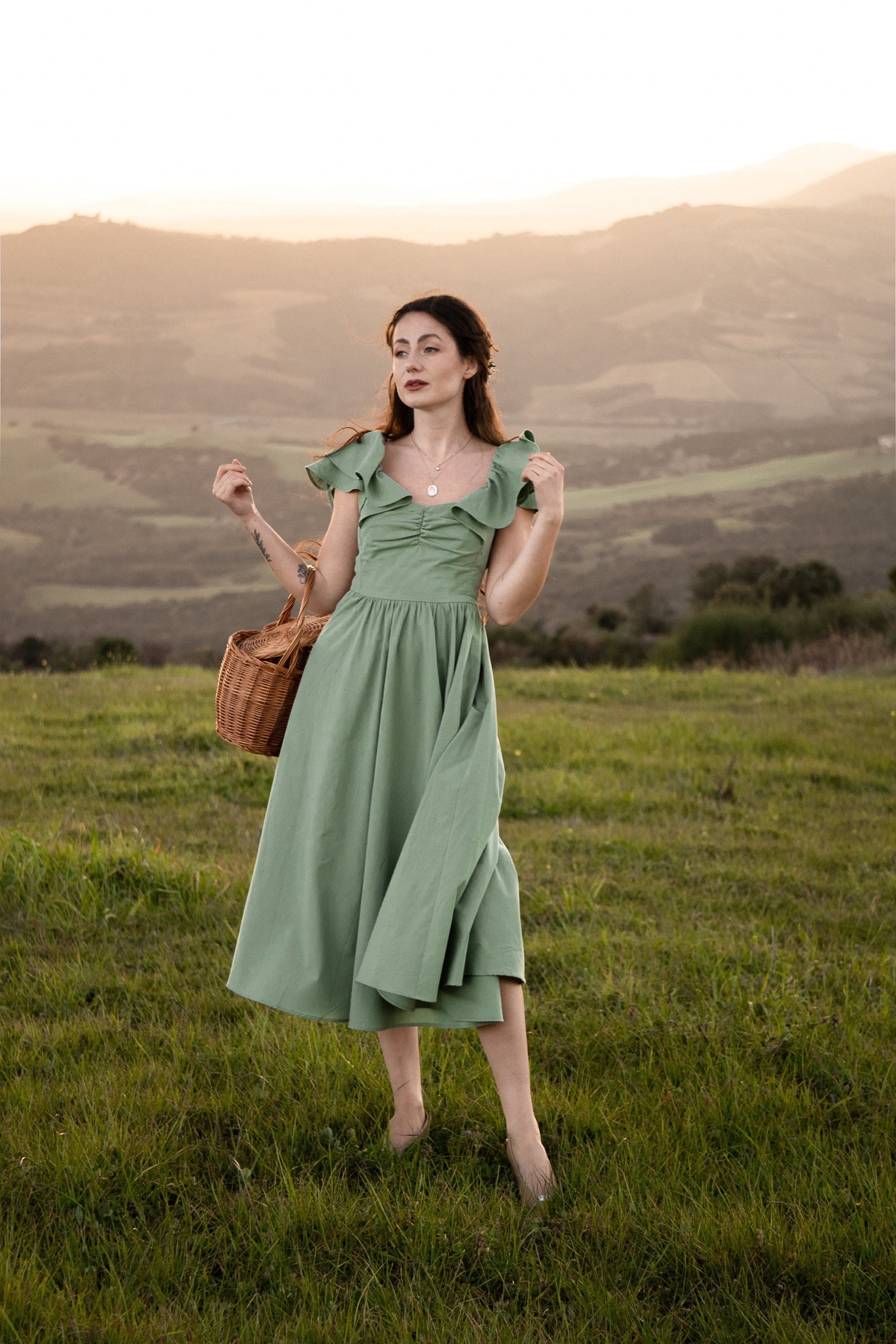 green emerald velvet dress Glamorous Ruffle Butterfly Off Shoulder Sage Ball Gown Evening Dress G –  SELINADRESS main image 1