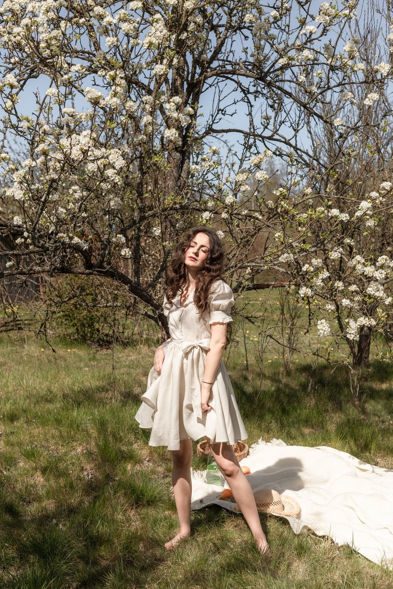 Daisy Cottagecore Dress, Peasant Dress, Vintage Inspired, Linen Mini