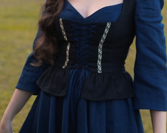 Cottagecore corset top, black golden bustier, folk style, medieval, renaissance, goth, dark academia, lace-up bodice, dark princess style