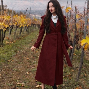Burgundy Wool Hooded Coat: Retro Fit & Flare Winter Coat