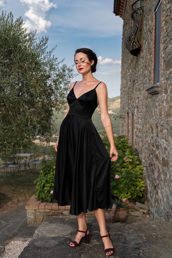 Women's Silk Black Dress, Festive Dresses, Classic Elegant