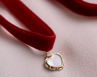 Red Velvet Choker, Sterling Silver, romantic jewellery, gold heart pendant, Mother of pearl heart Choker, Anniversary Gift, Gift For Her
