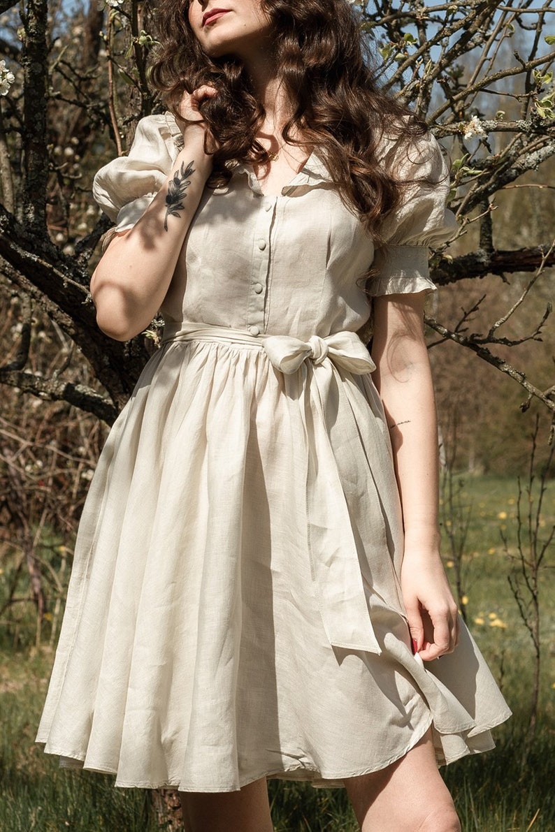 Daisy Cottagecore Dress, Peasant Dress, Vintage Inspired, Linen Mini