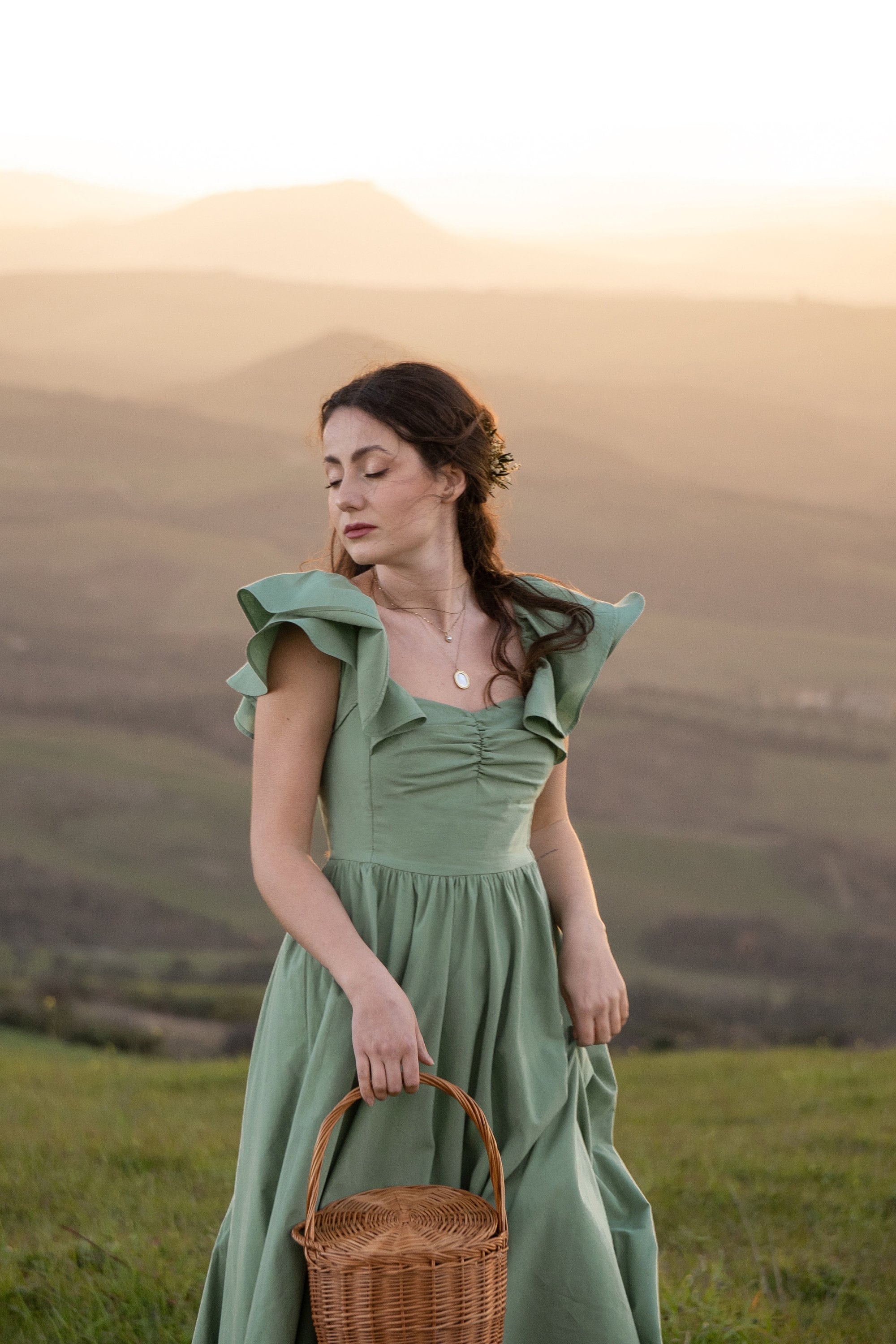 Cottagecore Sage Green Dress: Organic Cotton Midi with Butterfly Sleeves
