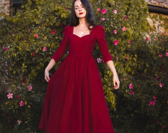 Royalcore, sukienka Princesscore, Burgundowa sukienka Cottage, czerwona sukienka lniana, strój renesansowy, średniowieczny, strój elficki