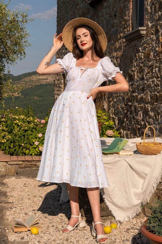 L’Or Embroidery Dress White Lemon Embroidered Cotton Dress, Italian Summer Dress