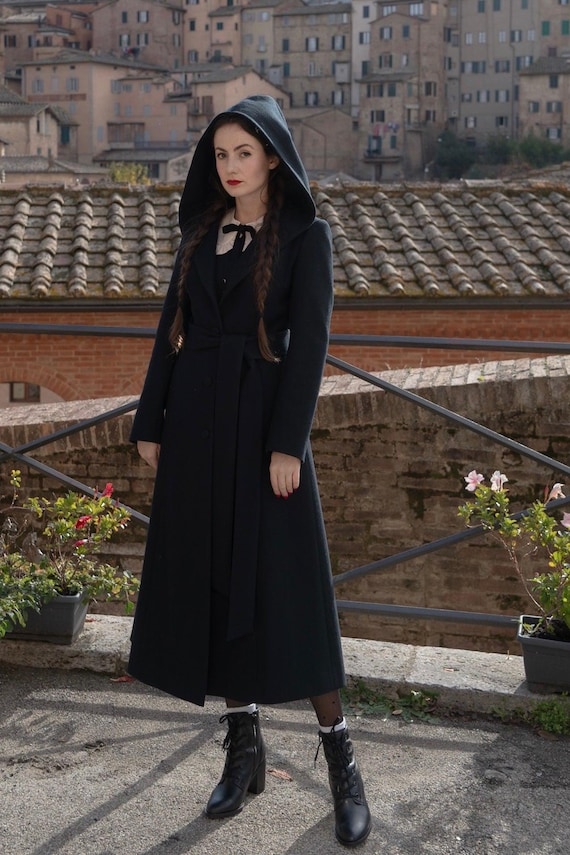 Hooded Wool Coat in Black, Retro, Long Woman Coat, Classic Elegant