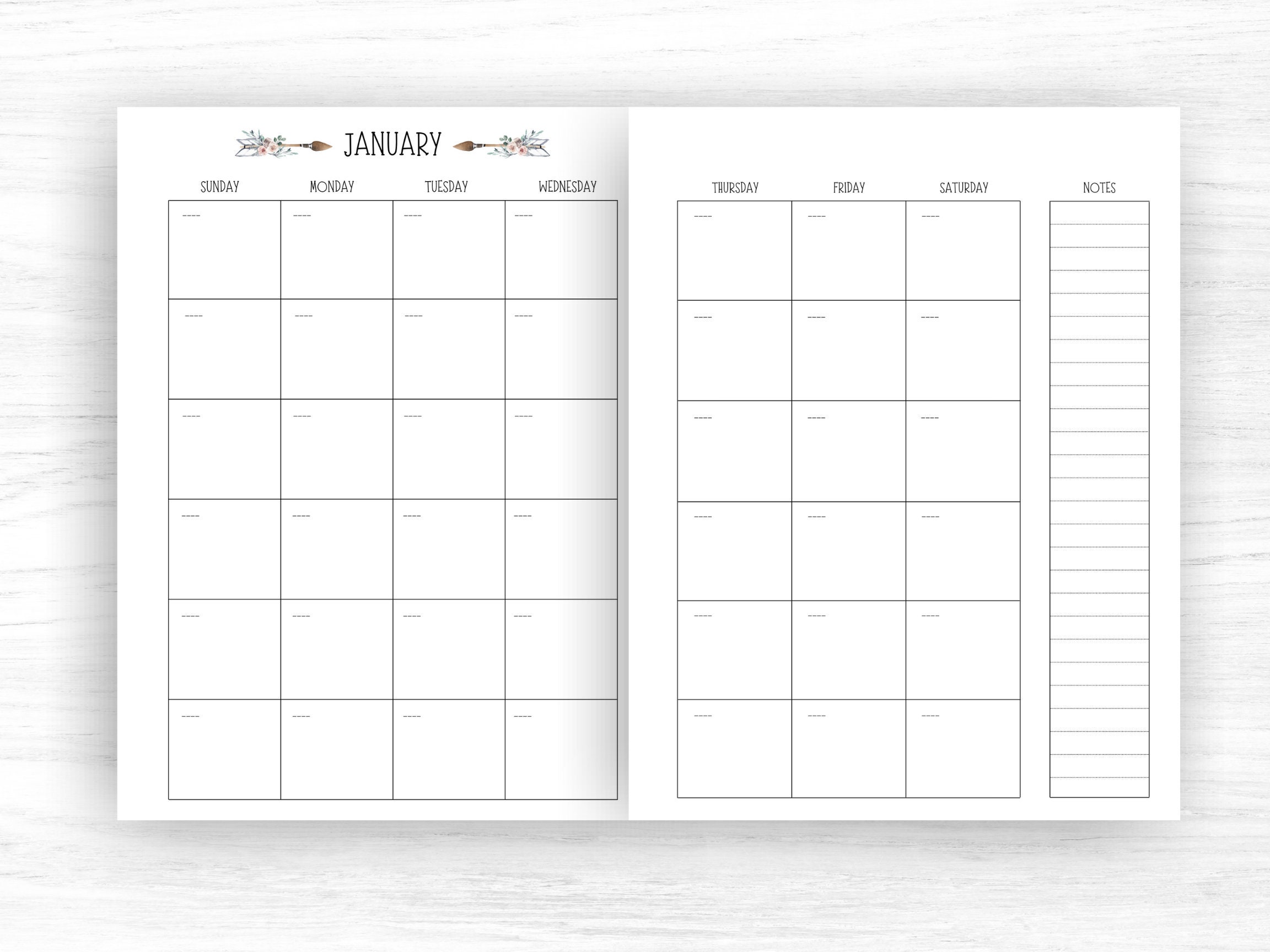 monthly calendar printable undated month on two pages etsy