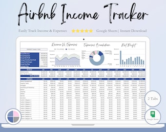 Könnte beinhalten: Eine Google Sheets-Spreadsheet-Vorlage zum Verfolgen von Airbnb-Einnahmen und -Ausgaben. Die Tabelle enthält ein Diagramm für Einnahmen im Vergleich zu Ausgaben, ein Kreisdiagramm für die Aufschlüsselung der Ausgaben und ein Balkendiagramm für den Nettogewinn. Die Tabelle enthält auch eine Tabelle zum Verfolgen der monatlichen Einnahmen und Ausgaben.