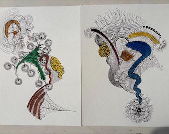 Conjunto de dos pinturas originales en acuarela y tinta, firmadas, fechadas y listas para enmarcar.