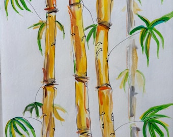 Conjunto de seis pinturas originales en acuarela de bambú y palmeras.