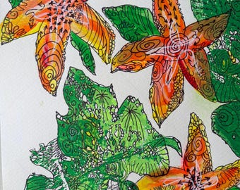 Set of Ten Original Linoleum Block Prints, Squash Blossoms