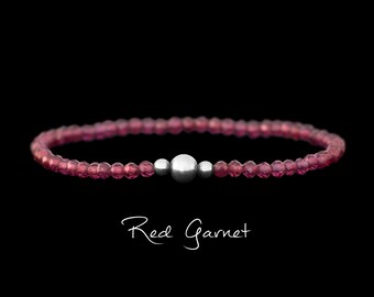 Red Garnet Bracelet, January Birthstone, Beaded Elastic Gemstone Jewelry, Rose gold filled