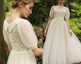 A-Line Forest Style, Puff Sleeves embroidery wedding dress