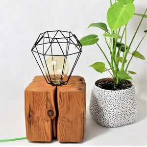 Loft lamp from an old beam. Wooden table lamp with a black shade in an industrial style. Zero waste lamp!
