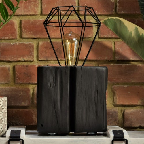 Loft black lamp from the old beam. Table lamp made of old wood. Solid wood lamp with shops industrial lens