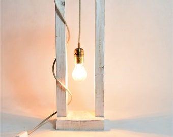 White rustic lamp with a linen cable. Wooden decorative lamp. Rustic Lamp for your home. White wood lamp.