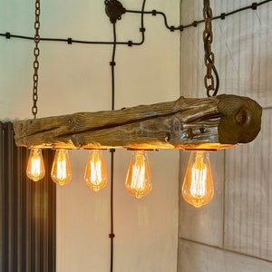 Wooden Hanging Lamp in a Rustic Style on Chains With
