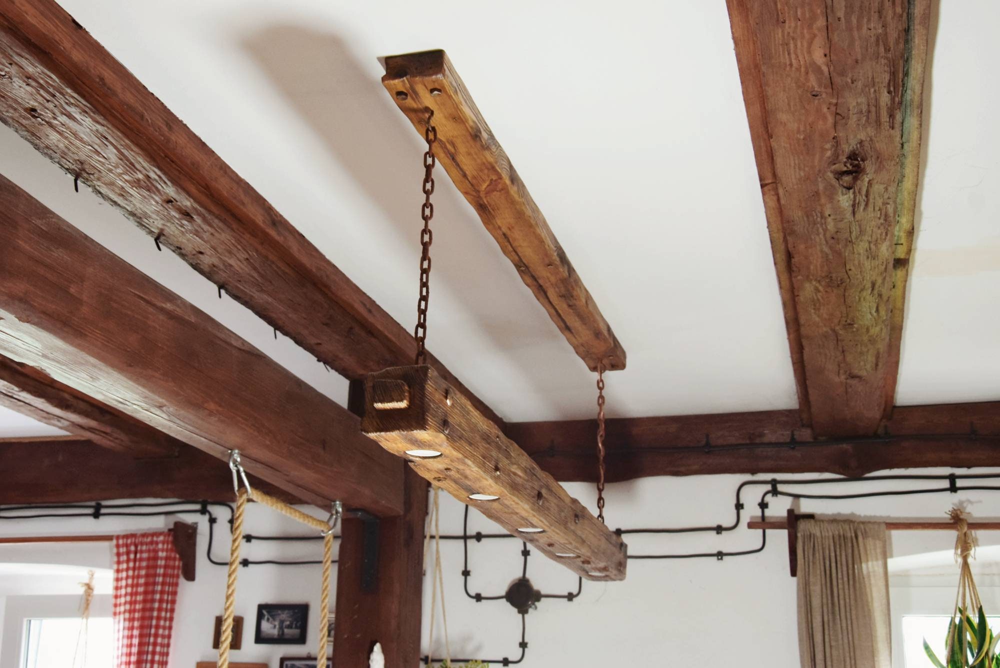 Wooden Beam Lamp Hanging on Chains in Rustic Style With Long