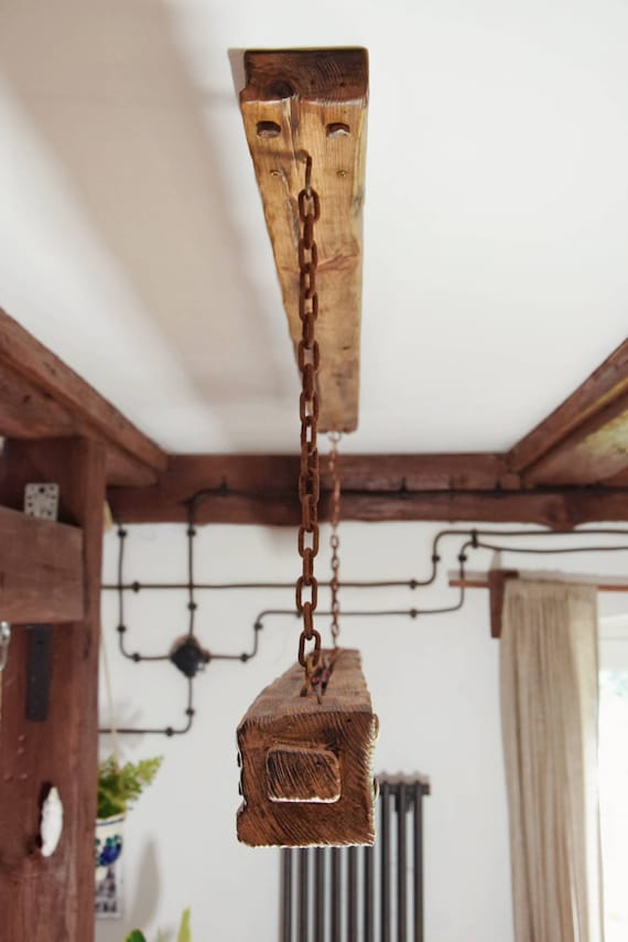 Wooden Beam Lamp Hanging on Chains in Rustic Style With Long