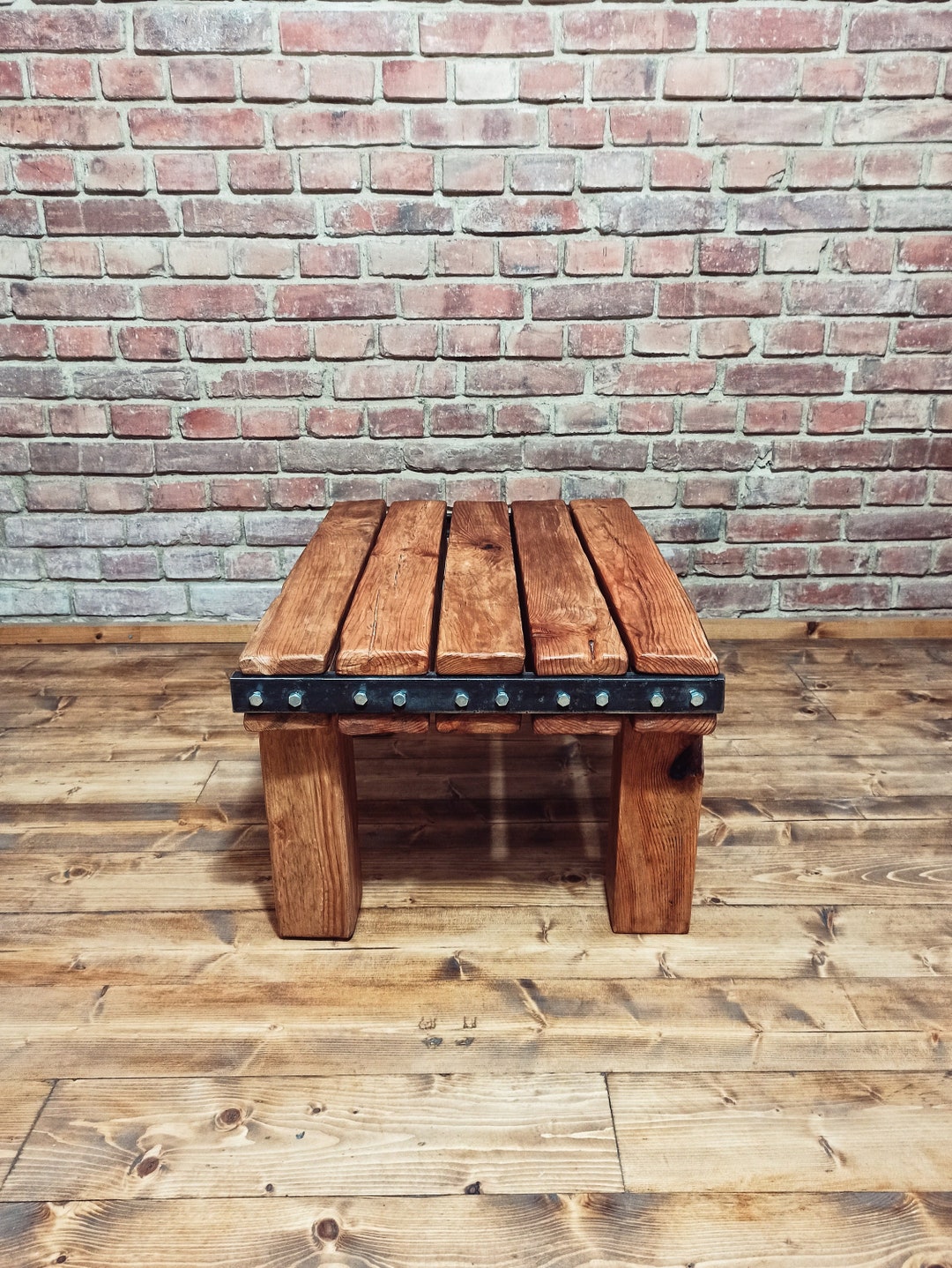 Wooden Table Made of Old Beams Vintage. Hand-made Massive Coffee