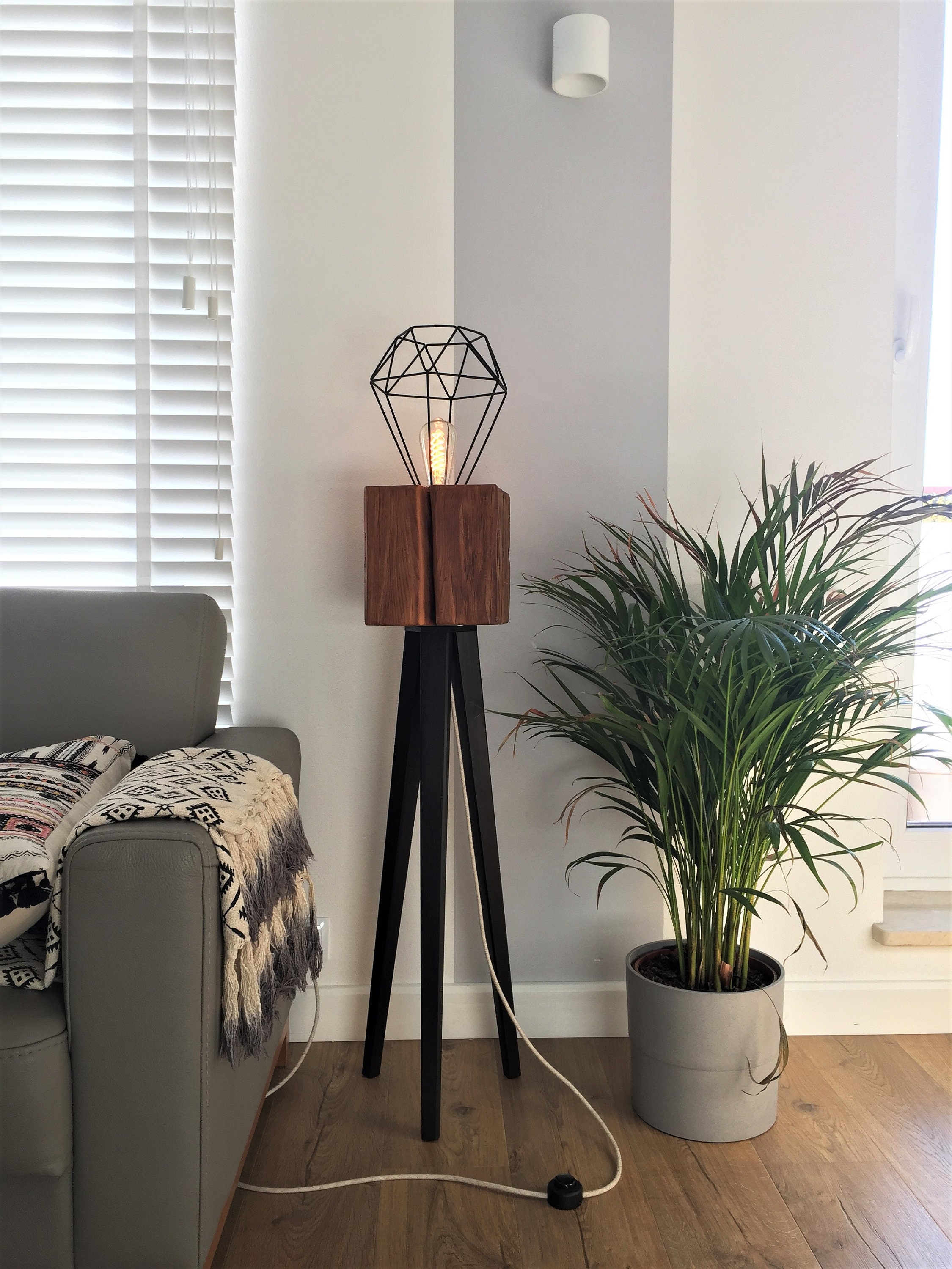 Tripod Floor Lamp. Wooden Decorative Loft Lamp. Industrial Tripod