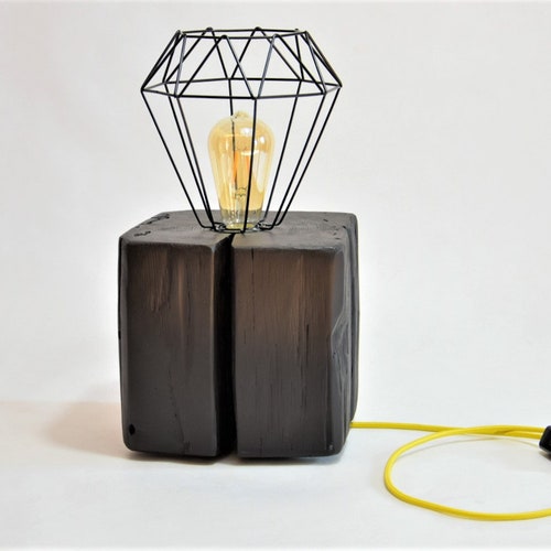 Loft black lamp from the old beam. Table lamp made of old wood. Solid wood lamp with shops industrial lens