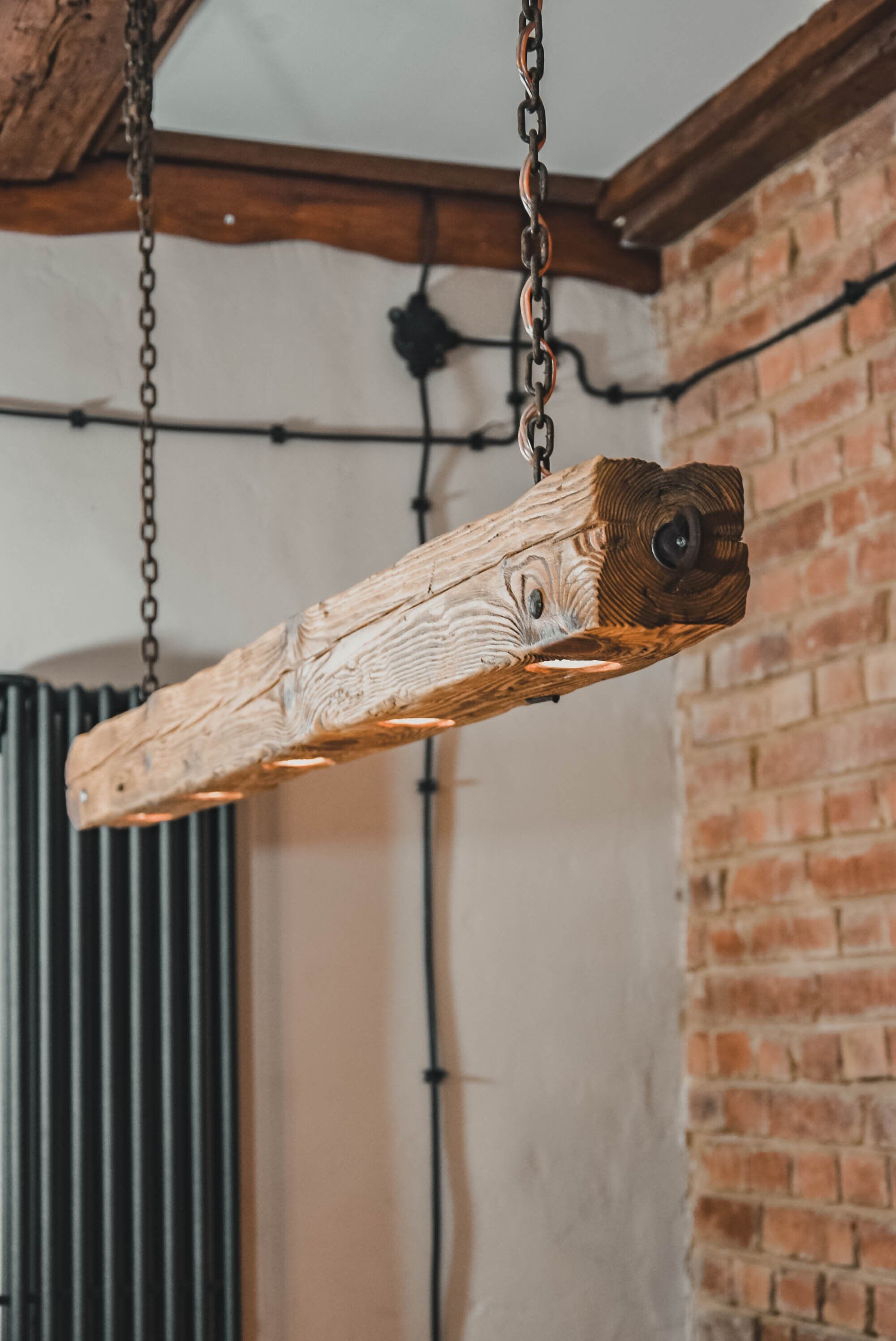 Wooden Beam Lamp Hanging on Chains in Rustic Style With Long