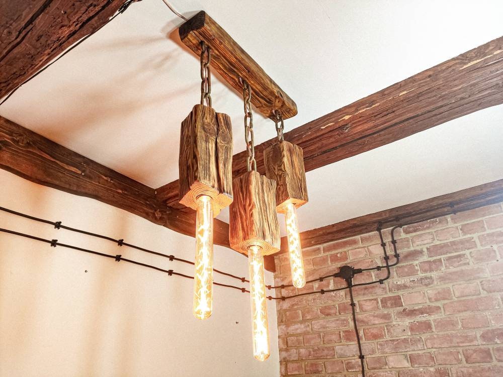 Wooden Beam Lamp Hanging on Chains in Rustic Style. Triple