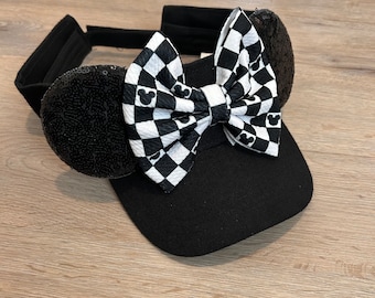 Black and White Checkered Print Mouse Ears, Black and White Mouse Ear Visors and Hats