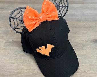 Halloween Mouse Ear Hat, Sparkle Bow, Bat Baseball Cap