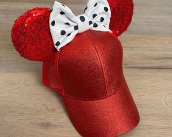 Red Glitter Mouse Ears, Polka Dot Mouse Ears, Glitter Mouse Ear Hat with Ponytail Slit