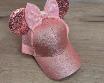 Pink Glitter Mouse Ear Hats, Mouse Ear Hat with Ponytail Slit