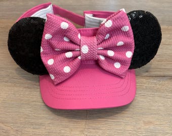 Wicking Pink Mouse Ear Visor, Sequin Ears, Polka Dot Bow