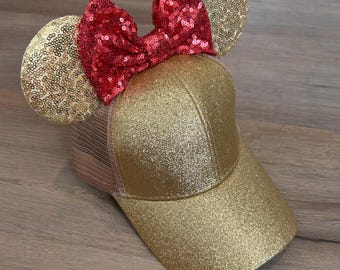 Youth Gold Glitter Mouse Ear Hats, Mouse Ear Hat with Ponytail Slit