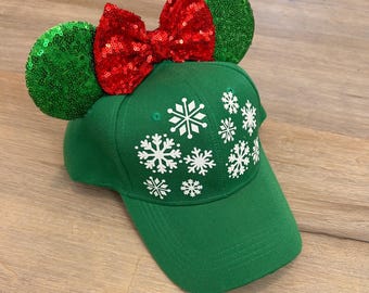 Christmas Mouse Ear Hat, Green Mouse Ear Hat with Snowflakes and Red Bow